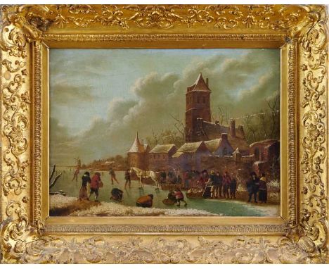 Klaes Molenaer (1630-1676), oil on panel, A winter scene with figures skating and a horse drawn sleigh in the foreground, a v