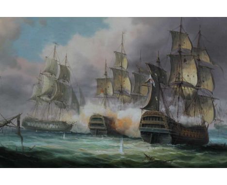 James Hardy, 20th century, oil on canvas laid on panel - An Extensive Sea Battle, signed, 48cm x 64cm, in gilt frame