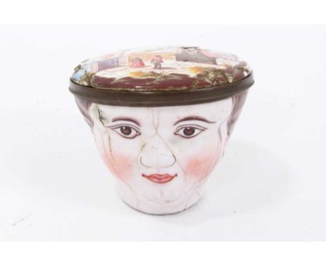 Unusual 18th century enamel bonbonnière, in the form of a head, the removable cover with scene of figures in a lassical lands