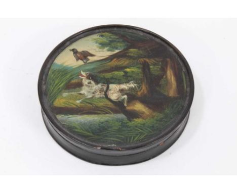 19th century papier mâché snuff box, circular form with overpainted printed scene of dog and duck to lid, the underside of li
