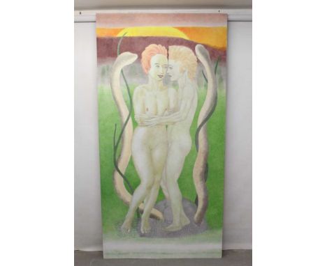 *Francis Plummer (1930-2019) large egg tempera on board - embracing figures and serpents, initialled and dated 24.10.14, unfr