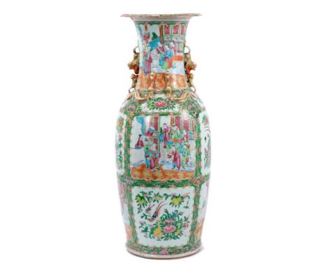 Large 19th century Chinese Canton famille rose porcelain baluster vase, decorated with figures, flowers and birds, with mould