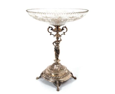 Late 19th/Early 20th century Continental silver centrepiece, mounted with a circular floral etched glass dish with serrated r