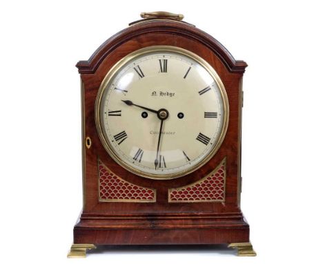 Regency bracket clock, the white enamelled dial signed N.Hedge, Colchester, twin fusee movement with repeat and engraved back