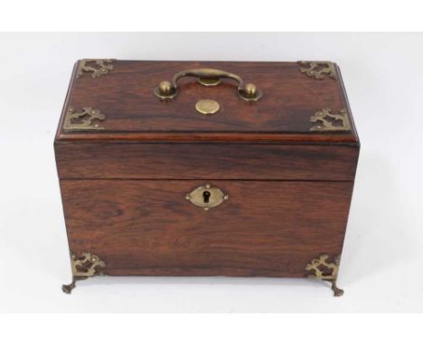 Late 18th century Colonial padouk wood tea caddy with surmounting swing handle and brass mounts and housing two tinware caddi