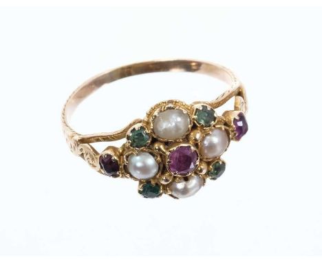 Early Victorian ruby, emerald and pearl cluster ring in gold setting on engraved shank, in a Victorian ring box. Ring size O.