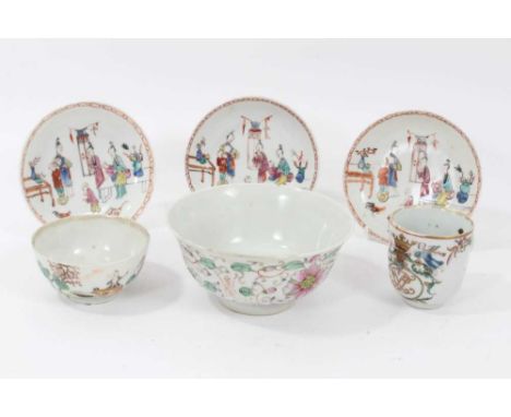 Small collection of 18th century Chinese famille rose porcelain, including three saucers, a tea bowl, an armorial cup and a f