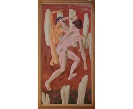 *Francis Plummer (1930-2019) large egg tempera on board - figures among rocks, initialled and dated '02, framed, 243cm x 120c