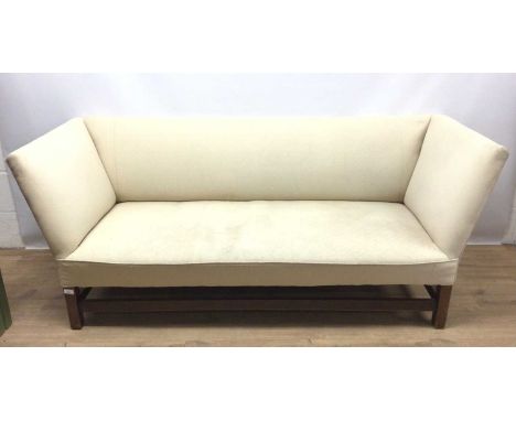 George III style sofa upholstered in cream material on mahogany square chamfered legs joined by stretchers, 186cm long x 78cm