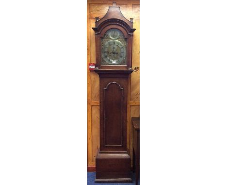 Georgian longcase clock, with 8 day, 5 pillar movement, 12inch brass break arch dial, with calendar aperture, pierced classic