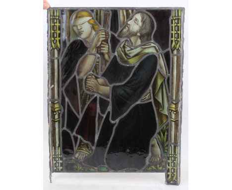 19th century stained glass panel, rectangular with figural scene and text and gothic script below: 'Jesus had compassion on t
