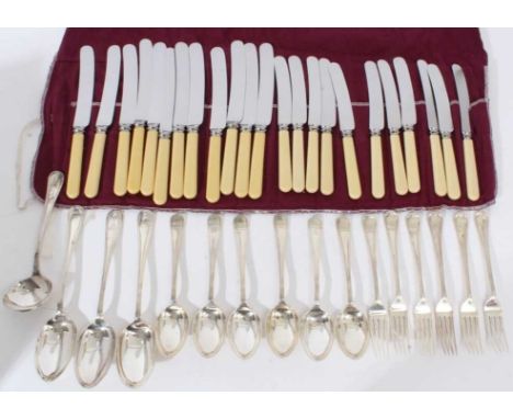 Composite part service of early 20th century Hannovarian Thread pattern silver cutlery by Mappin and Webb and Atkin Bros, com