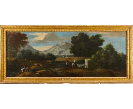 Attributed to Marco Ricci (1676-1727) oil on canvas - figures and livestock in extensive landscape, 40cm x 101cm, in gilt fra
