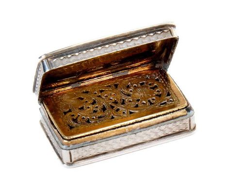 William IV silver vinaigrette of rectangular form with engine turned decoration and hinged cover with engraved initials, open