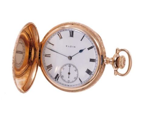 Early 20th century gentlemen's American Elgin 14k gold full hunter pocket watch with 15 jewel button-wind movement in 14k gol