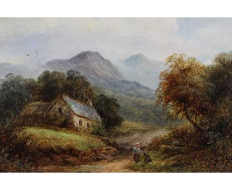William E. Ellis (1869-1923), oil on canvas laid on board, A mountainous scene in Wales with figures by a cottage, signed, 22
