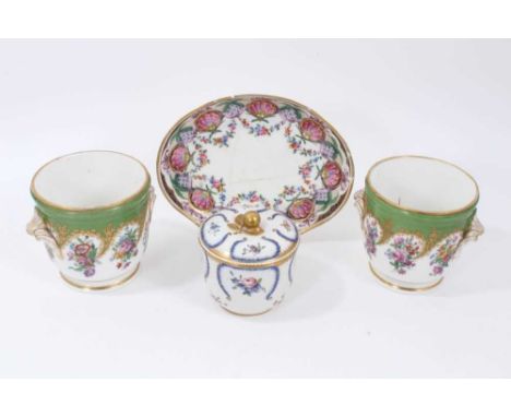 Pair of Paris Feuillet porcelain planters, painted with floral sprays on a green and gilt-patterned ground, inscribed marks t