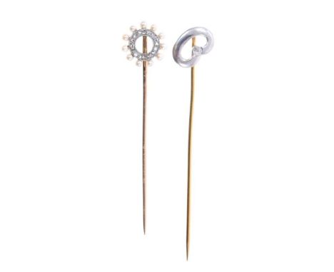 Edwardian diamond and seed pearl stick pin with openwork circle, 12.5mm diameter, and early 20th century 18ct white and yello