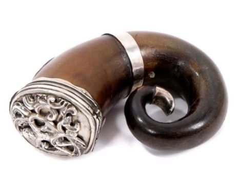 Good 18th century Scottish silver mounted horn snuff mull, large scrolled form, the hinged cover with applied putto and rococ