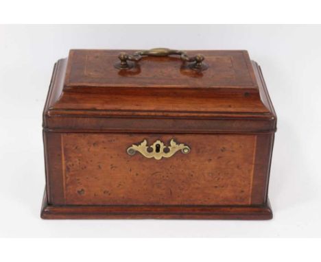 Mid 18th century burr elm and crossbanded tea caddy, with surmounting swing handle, the interior now vacant, 25cm wide