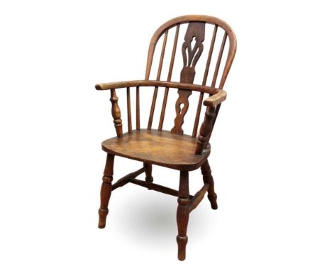 19th century child's ash and elm Windsor chair, with stick back and solid seat on turned legs 