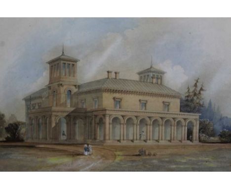 Early 19th century pencil and watercolour - view of Blackborough House, an Italianate country house with figures and parkland