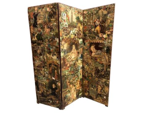 Highly decorative late Victorian three fold decoupage screen, decorated to each face, each panel 53 x 169cm