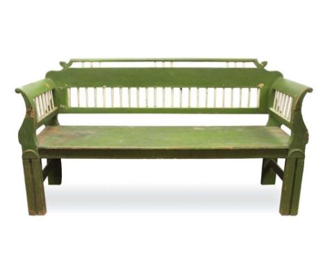 19th century Continental green painted pine bench with spindle back, scroll arms and fluted end standards approx 187cm longCo