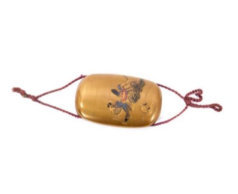 19th century Japanese lacquer five section inro, decorated in low relief to each face with figural scenes, 9cm highCondition 