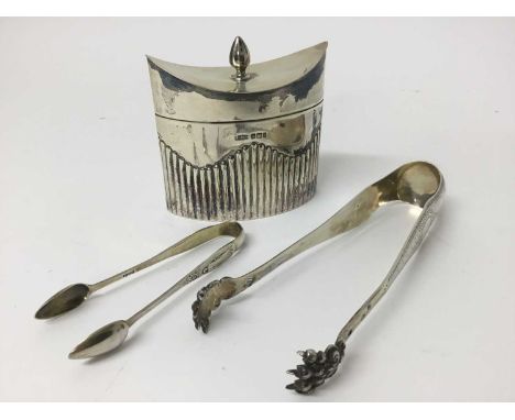 Edwardian silver tea caddy of half fluted boat form, by James Dixon &amp; Sons, Sheffield 1903, 9.5cm wide, together with a p