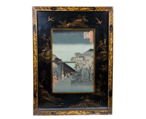 Beautifully presented Meiji period Japanese woodblock print, depicting a street scene with figures, signed to the print, in 1