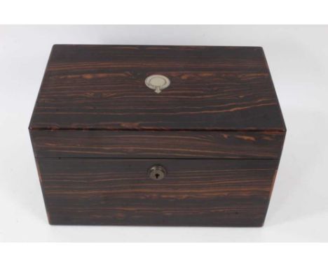 Victorian coromandel tea caddy, the hinged top with inset silver plaque, housing twin lidded tea canisters, 25.5cm wideCondit