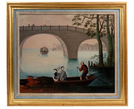Anglo Chinese school, 18th / 19th century, oil on canvas, riverscape with figures, 36 x 44cm, framedCondition report: Relined