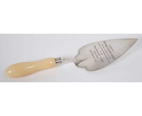 Edwardian silver presentation trowel, with turned ivory handle and engraved inscription for laying of the foundation stone of