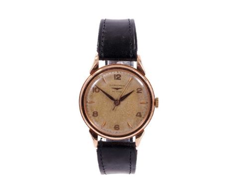 1950s gentlemen’s Longines rose gold wristwatch with 17 jewel manual wind movement numbered 8750336, 27MS, the circular dial 