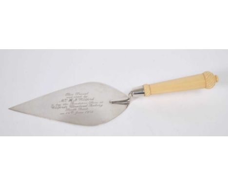 1930s silver presentation trowel, with turned ivory handle and engraved inscription for laying the foundation stone at Welfor