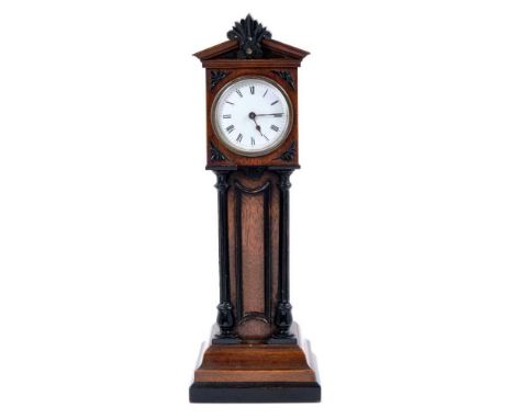 Edwardian minature mahogany longcase mantle clock with cylinder movement with ebonised columns and mounts 32 cm high