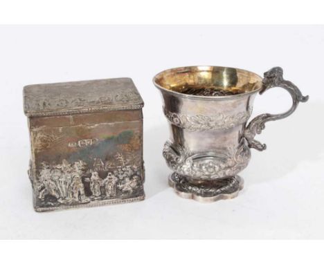 George IV silver Christening cup of campana form, with embossed floral decoration, engraved inscription and face mask/leaf ha