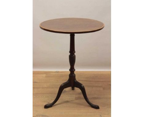 George III mahogany and satinwood crossbanded tripod table, the well figured solid circular tilt top on slender spiral knop c