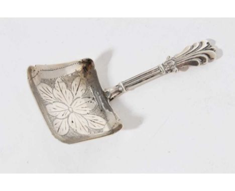 William IV silver caddy spoon of rectangular form, with bright cut bowl and Egyptian style column handle, circa 1833 (Marks r