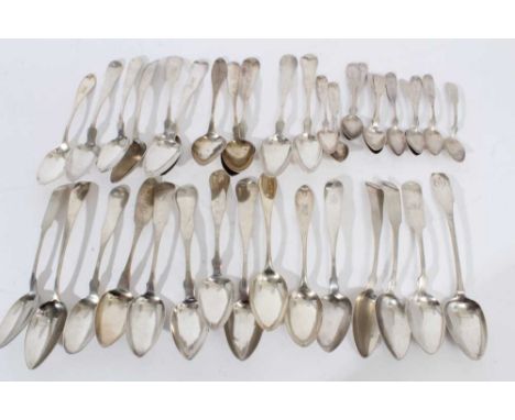 Collection of early 19th century American coin silver table spoons and tea spoons, mostly fiddle pattern, with engraved initi