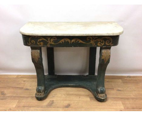19th century marble topped painted console table, the D-shaped top on green painted base with cabriole front supports and she