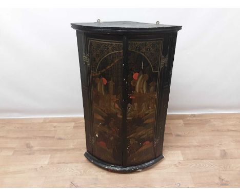 George III chinoiserie decorated barrel front hanging corner cupboard, with painted figures and landscape decoration, enclosi