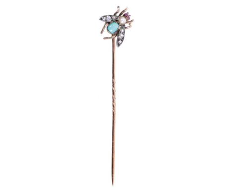 Victorian diamond and gem-set novelty stick pin in the form of a fly with cabochon ruby eyes, pearl and turquoise body and pa