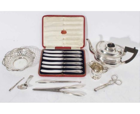 Selection of miscellaneous Georgian and later silver, including small teapot, pair sugar nips, caddy spoon with shell bordere