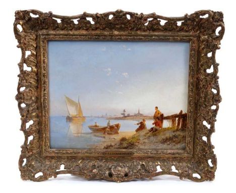 Pieter Cornelis Dommersen (1834-1908) oil on panel - A River Scene in Holland, signed lower left, 20cm x 25.5cm, artist's sea
