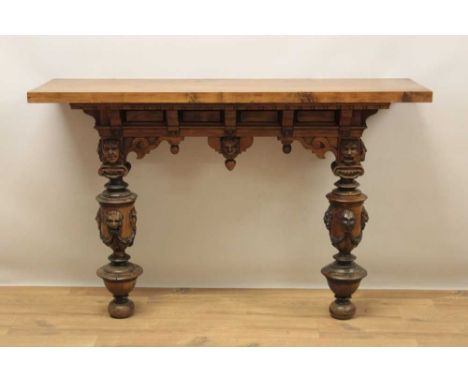 19th century baroque style carved walnut console table, with rectangular top on mask carved frieze and conforming cup and cov