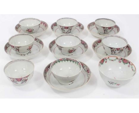 Chinese famille rose export tea bowls, saucers and sugar bowl, decorated with floral patterns (16 items)Condition report: Sev