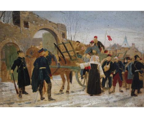 Pair of 19th century oils on panel over a printed base - Napoleonic Battle Scenes, 21cm x 28cm, in gilt frames 