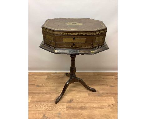 George III Anglo-Chinese papier mâché work box on stand, the work box of canted form the hinged top centred by initialled ova